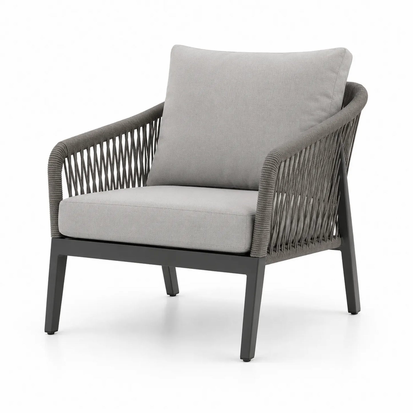 Fauteuil d'extérieur en aluminium et corde gris avec coussin en polyester gris