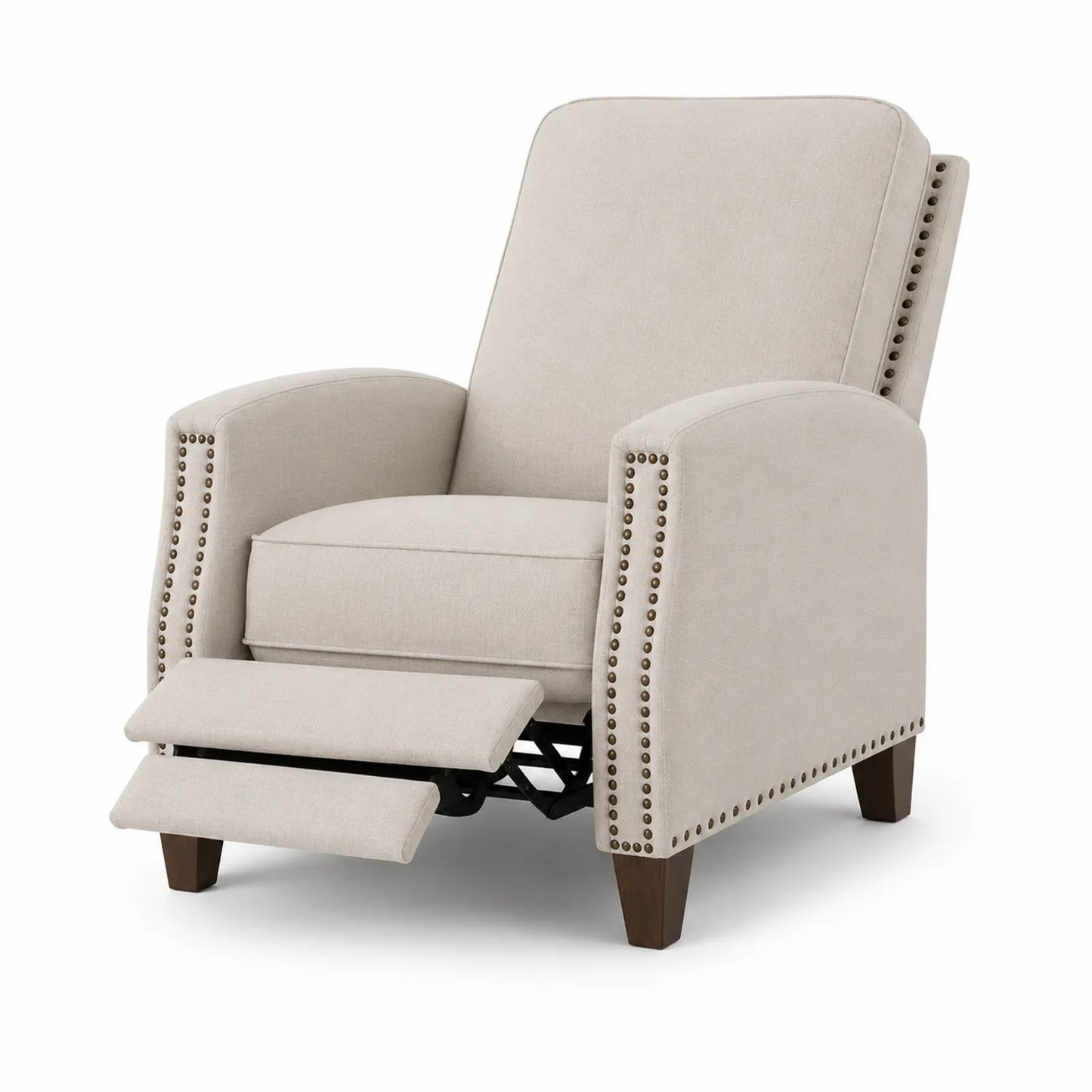 Fauteuil inclinable en lin avec repose-pieds et clous décoratifs