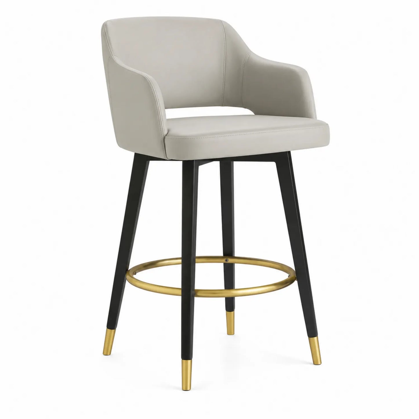 Tabouret de bar en cuir synthétique gris clair avec cadre en métal noir et repose-pieds doré