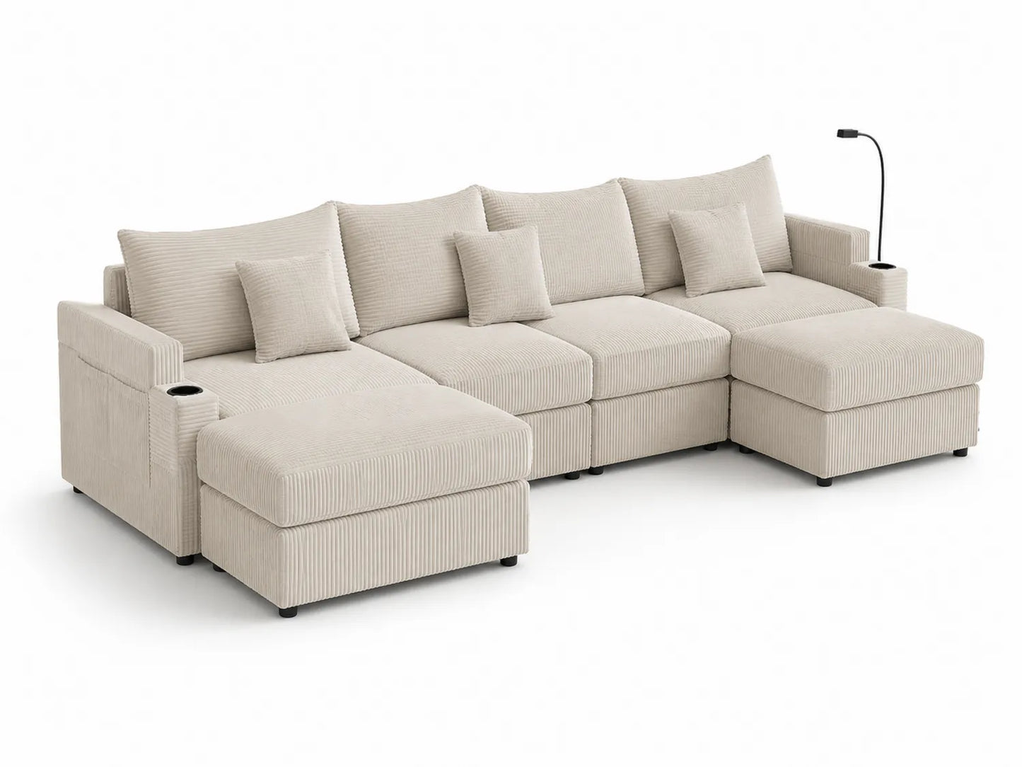Canapé d'angle en velours côtelé beige avec méridienne et porte-gobelets