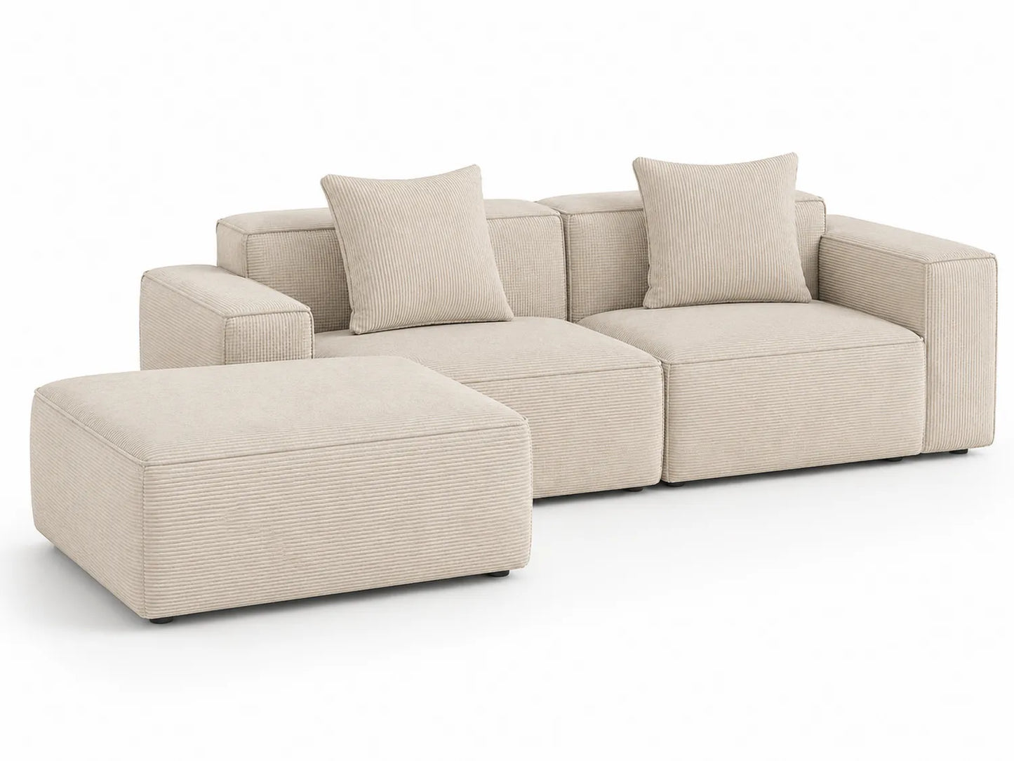 Canapé d'angle modulaire en tissu beige avec méridienne et coussins