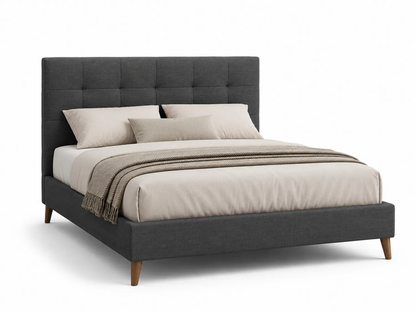 Lit double en tissu gris foncé avec pieds en bois