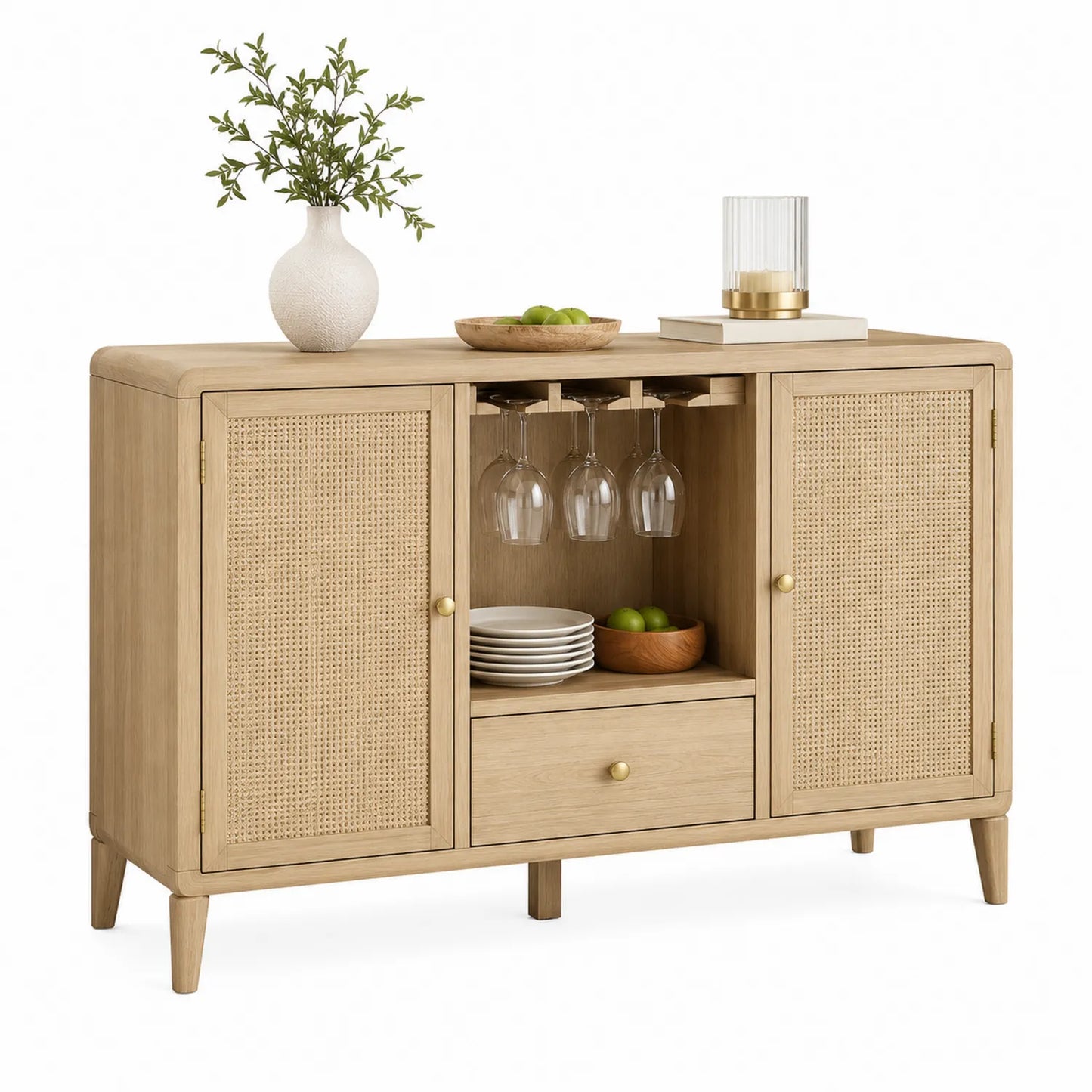 Buffet en bois d'acajou avec portes en rotin et étagère à verres