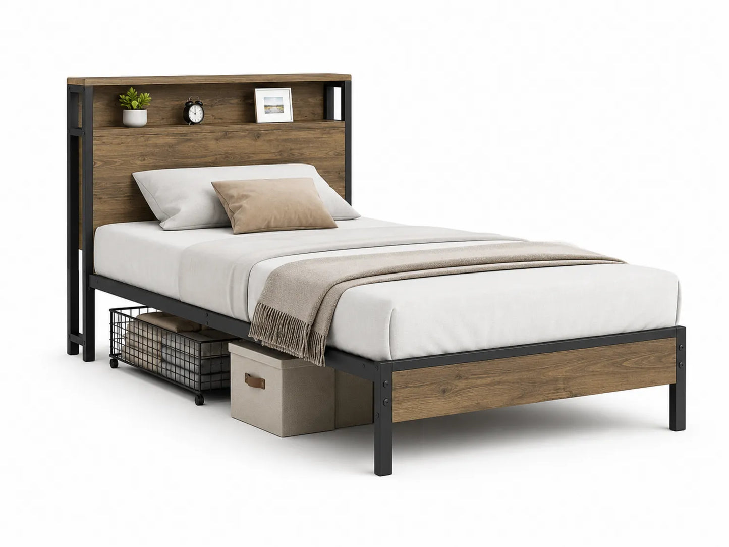 Lit simple en métal et bois avec étagère intégrée