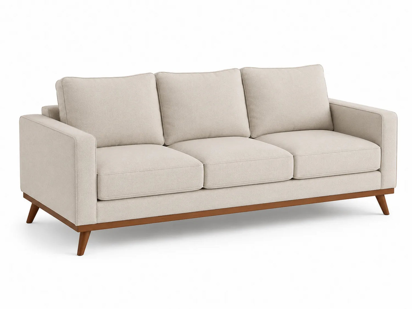 Canapé trois places en tissu beige avec pieds en bois