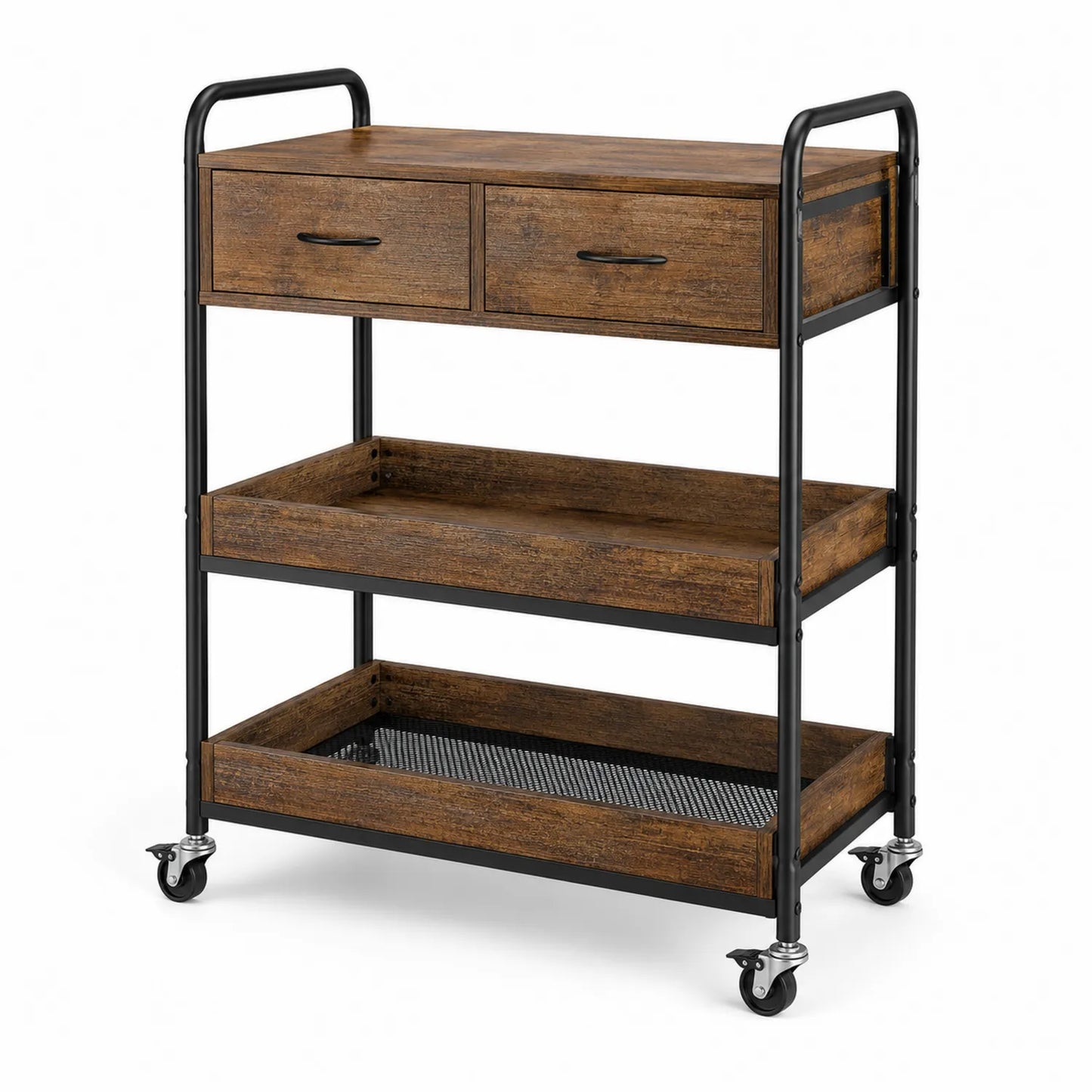 Chariot de rangement en bois et métal avec 3 niveaux et roulettes