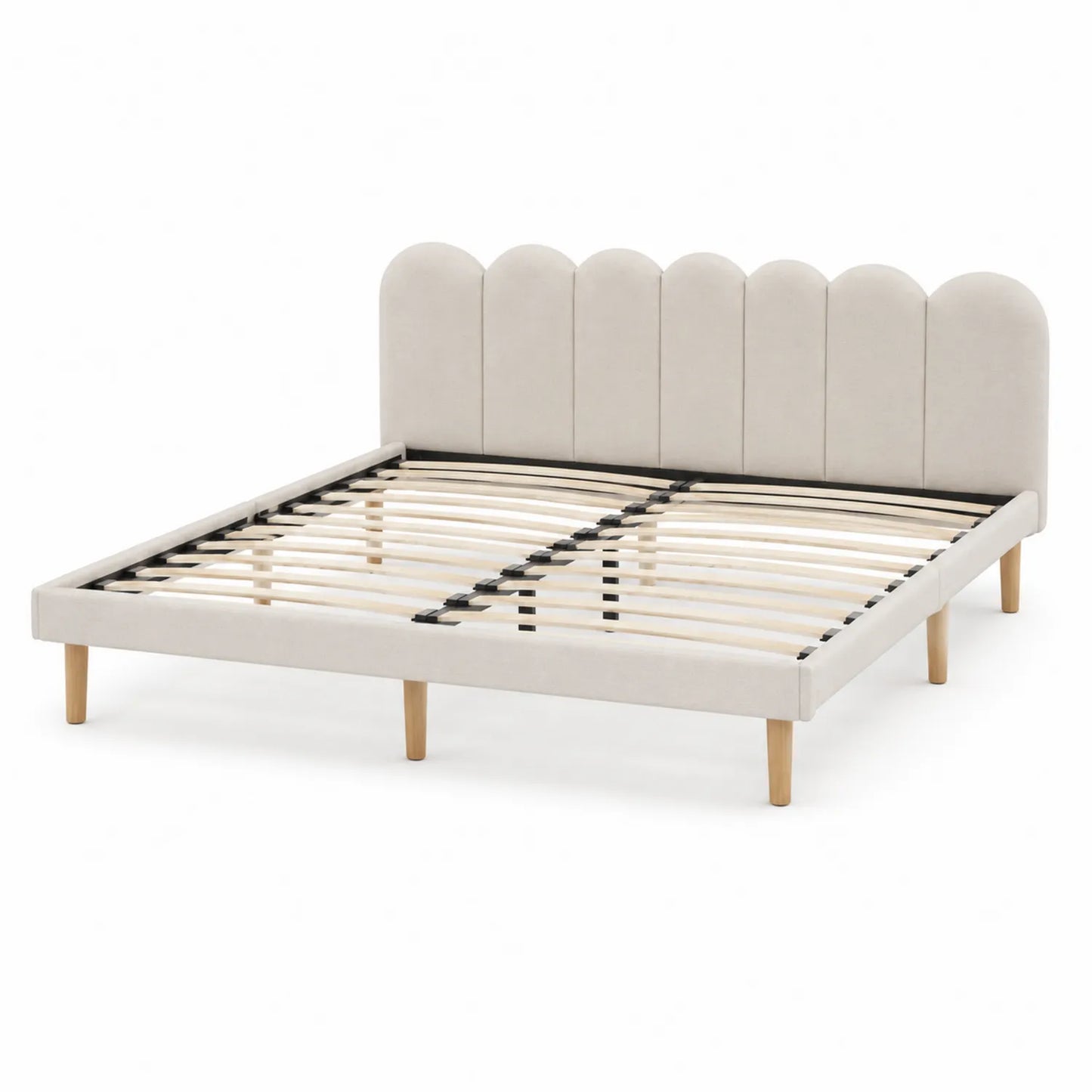 Cadre de Lit Double en Tissu Beige avec Lattes en Bois 160x200 cm