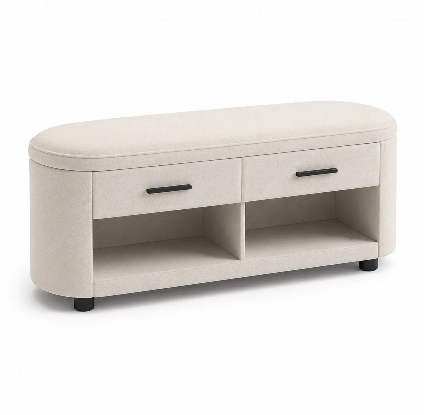 Banc ovale avec rangement en tissu beige 120x40x45cm