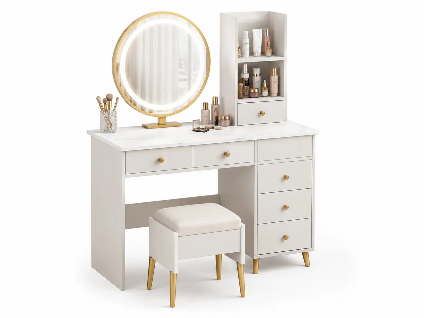 Coiffeuse avec miroir LED et tabouret en MDF et Métal Blanc/Doré