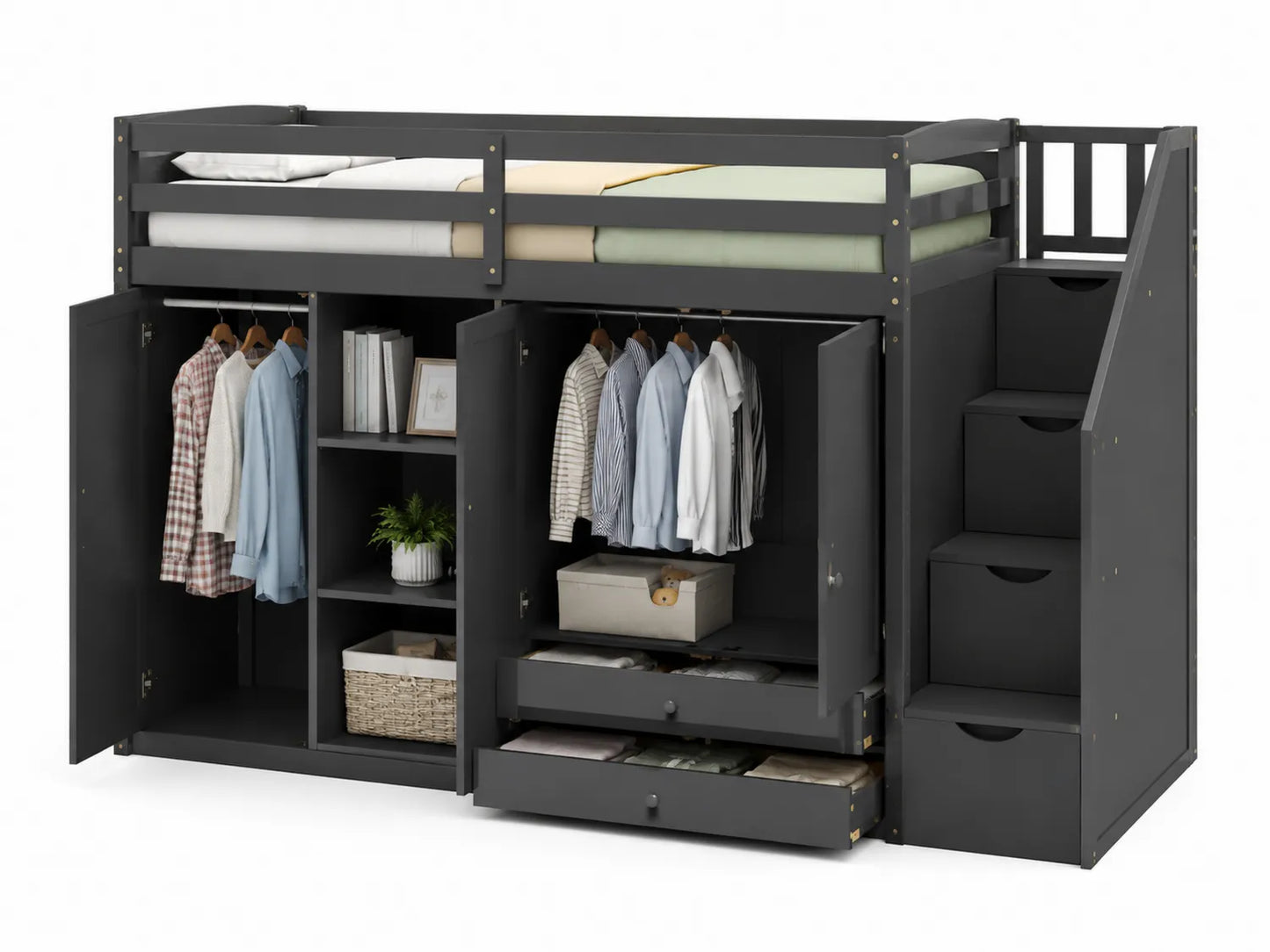 Lit mezzanine avec rangement en bois gris avec armoire et escalier