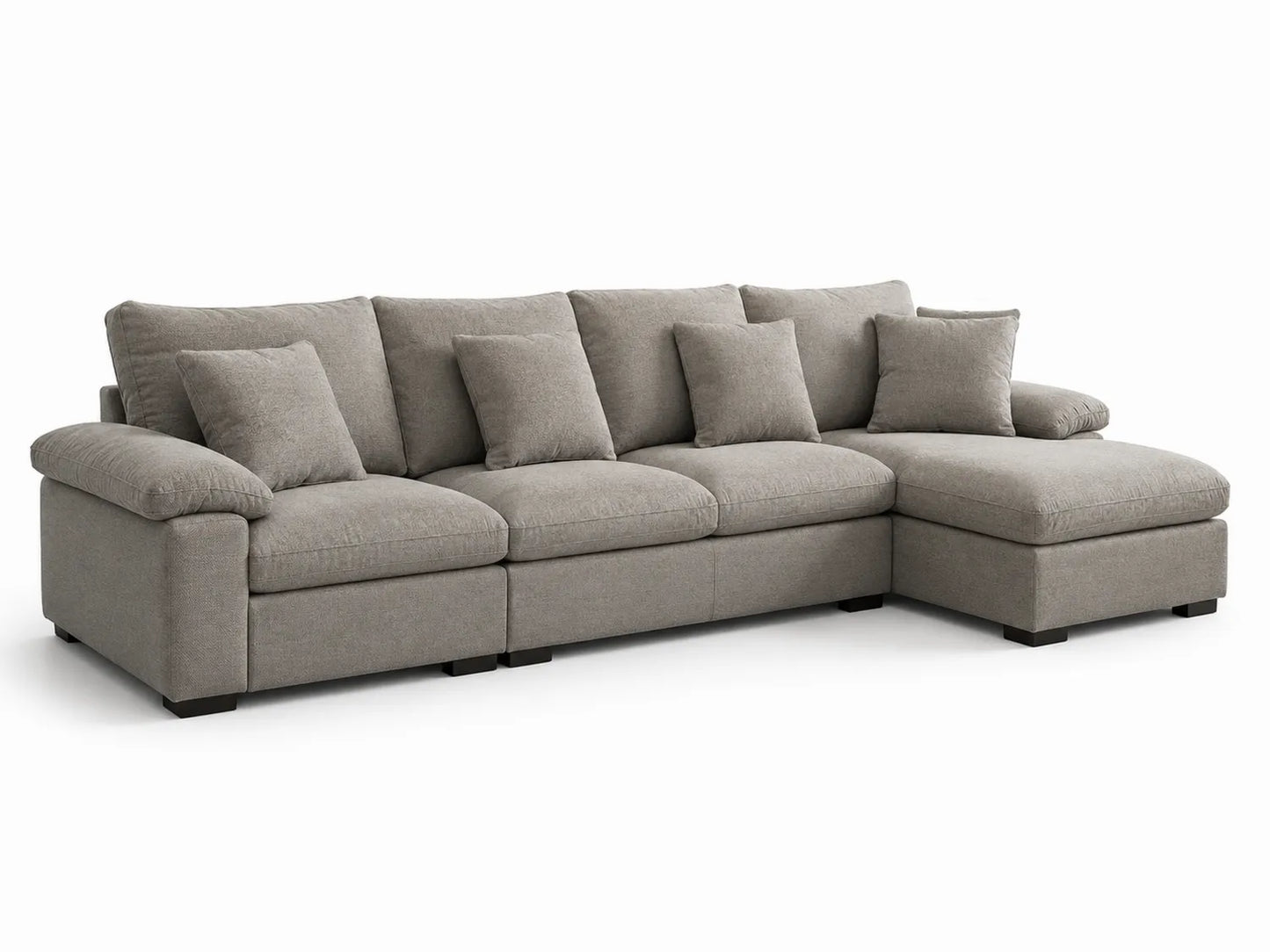 Canapé d'angle en tissu gris avec méridienne et coussins
