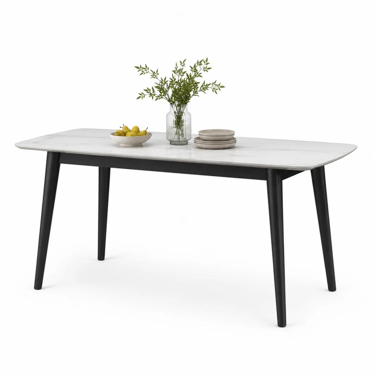 Table à manger rectangulaire en marbre blanc avec pieds en métal noir