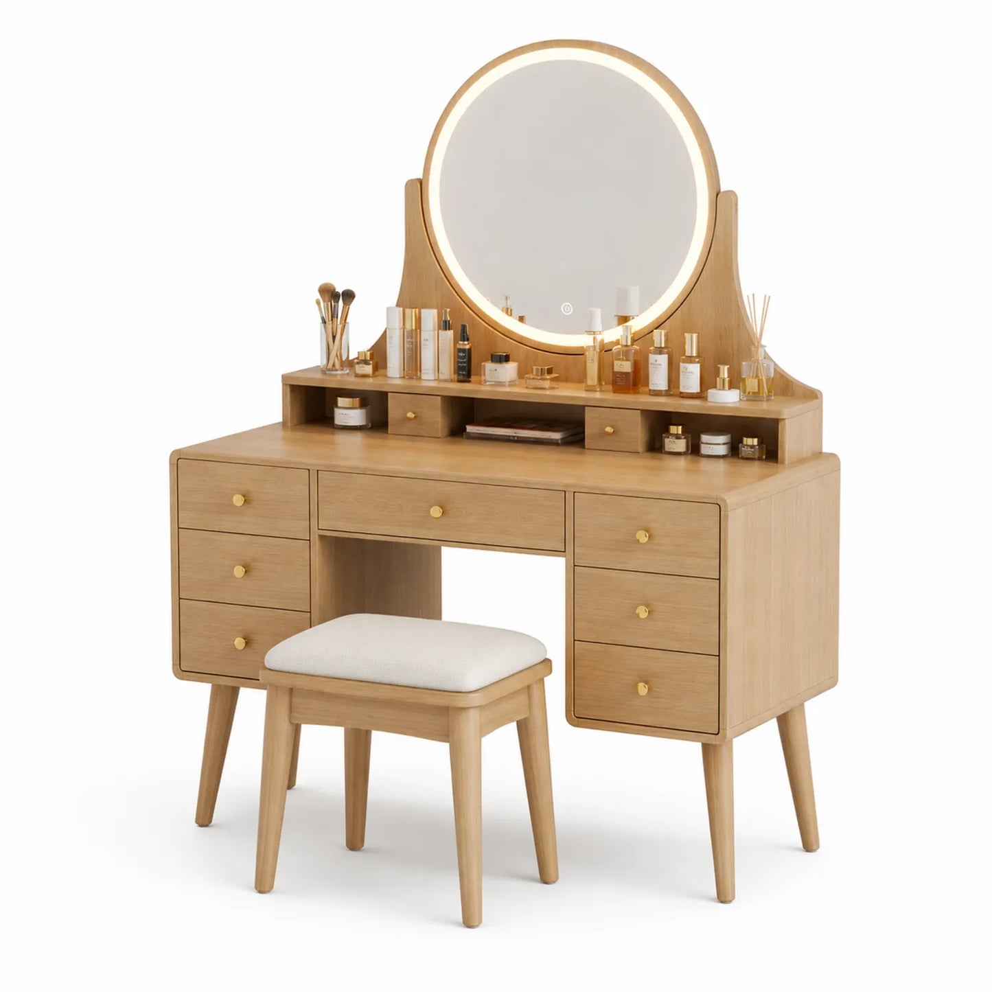 Coiffeuse en bois clair avec miroir rond et tabouret rembourré