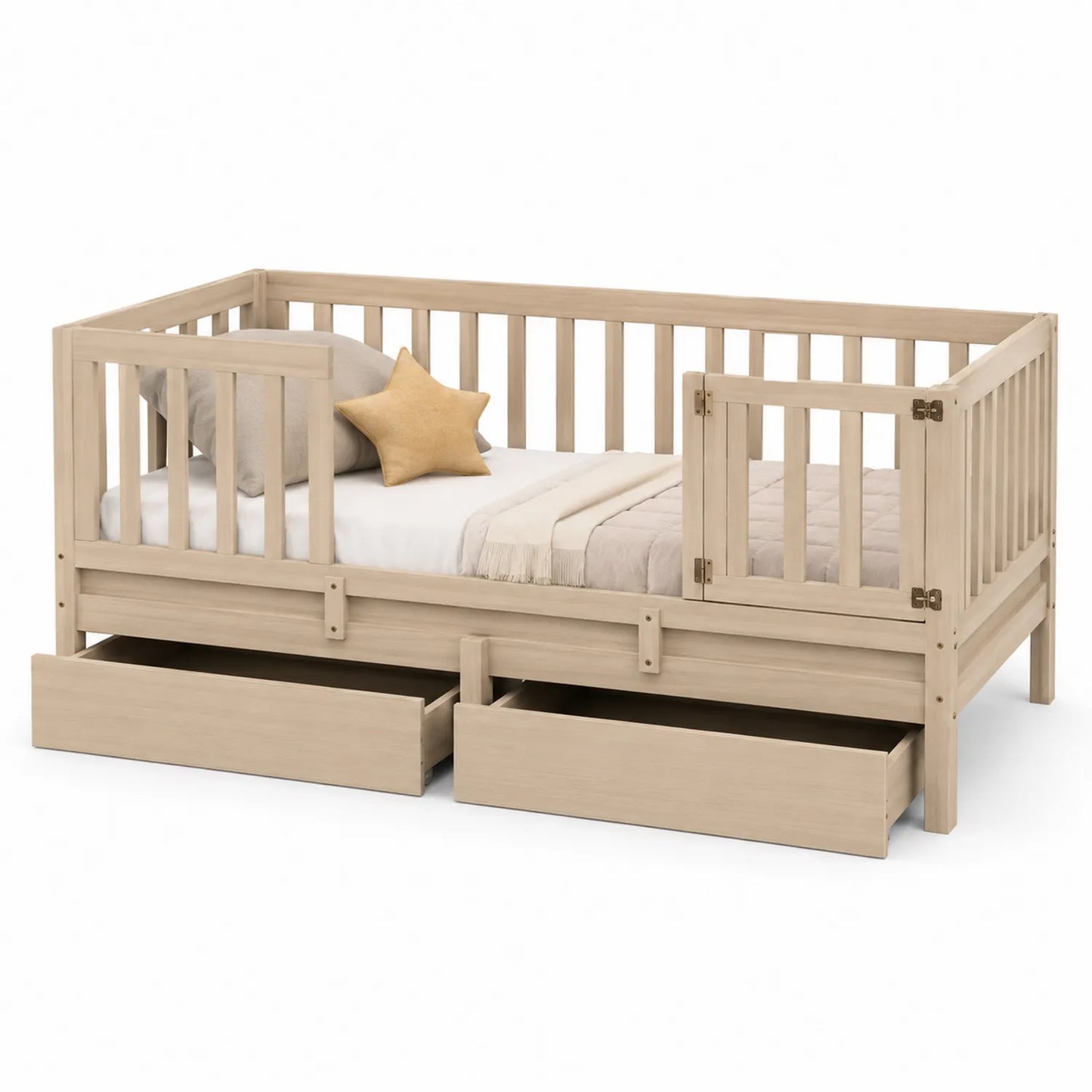 Lit enfant en bois avec barrières et tiroirs beige 140x70 cm