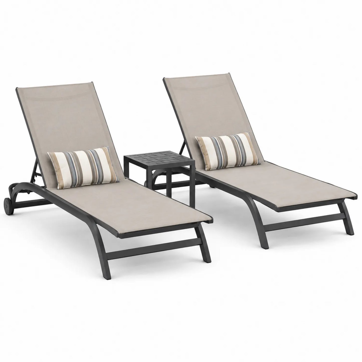 Ensemble de Chaises Longues en Aluminium et Tissu Beige avec Table