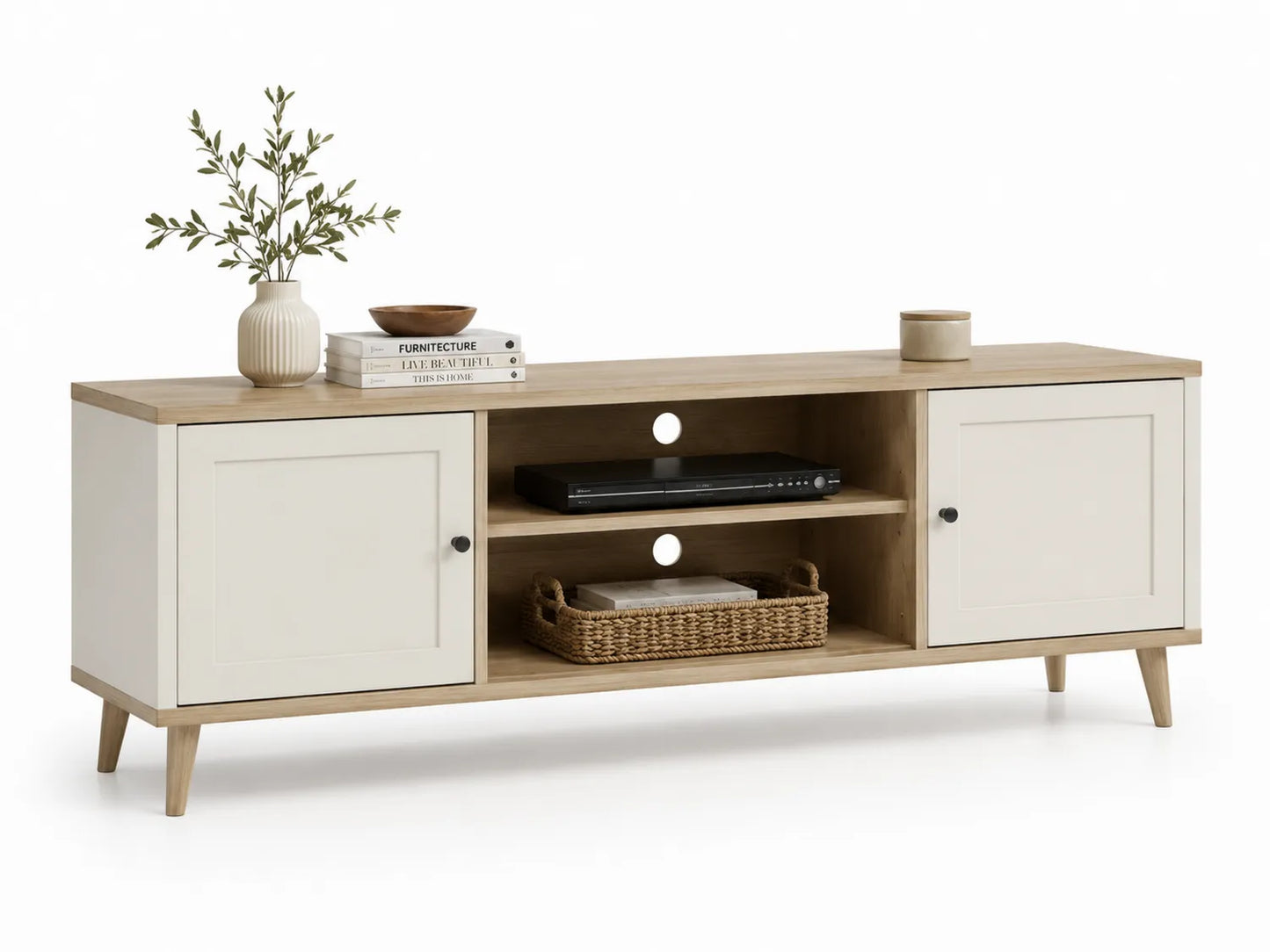 Meuble TV en bois MDF et aggloméré blanc et chêne