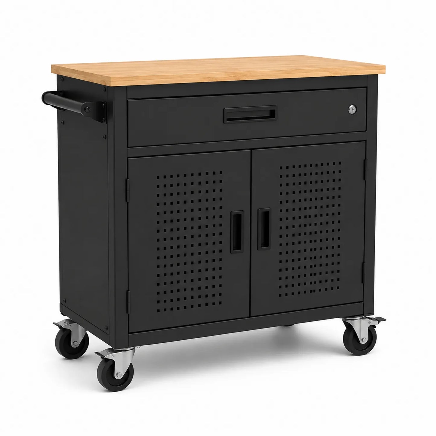 Chariot de rangement mobile en métal avec plateau en bois Noir 90x45x90 cm