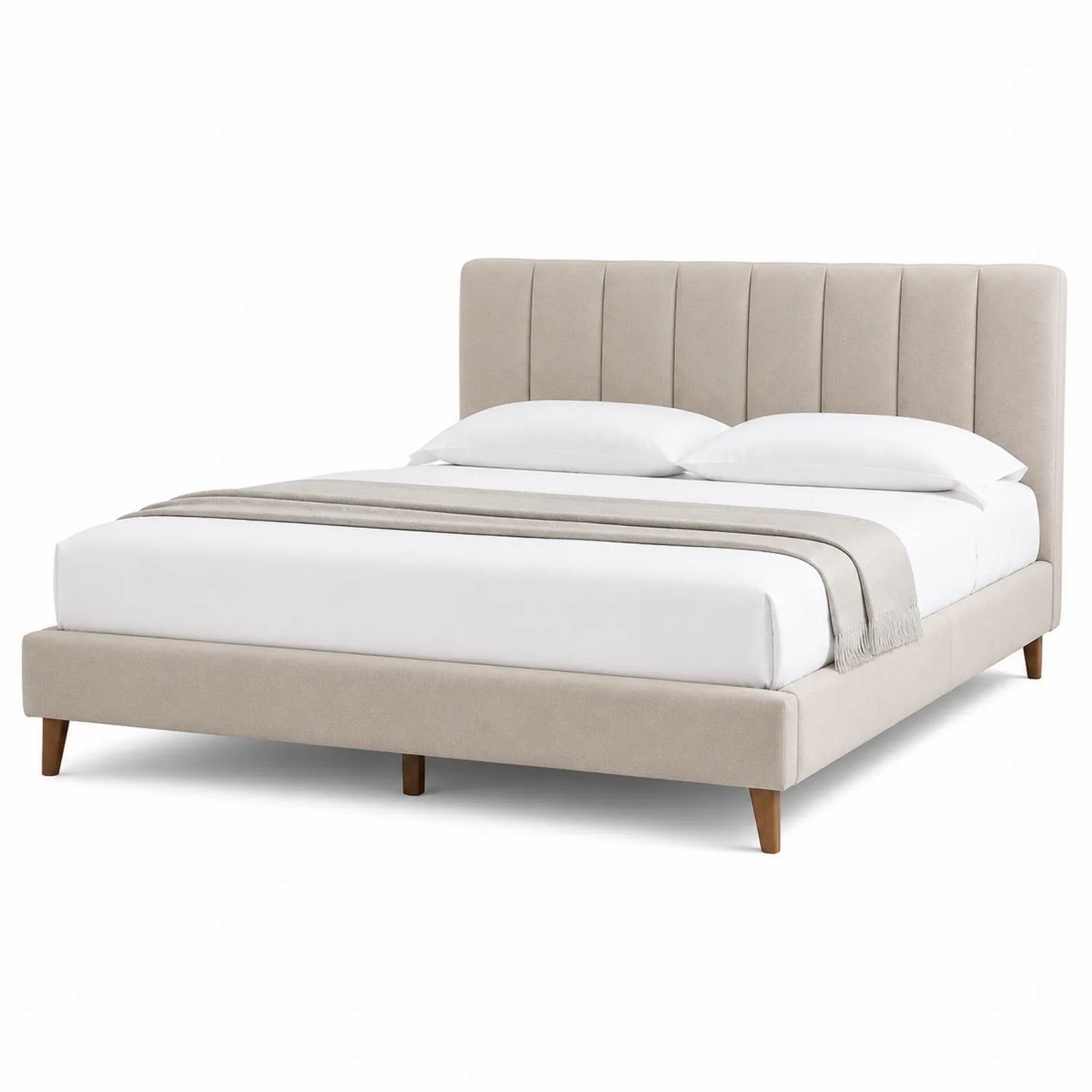 Lit double en tissu beige avec pieds en bois 200x160 cm