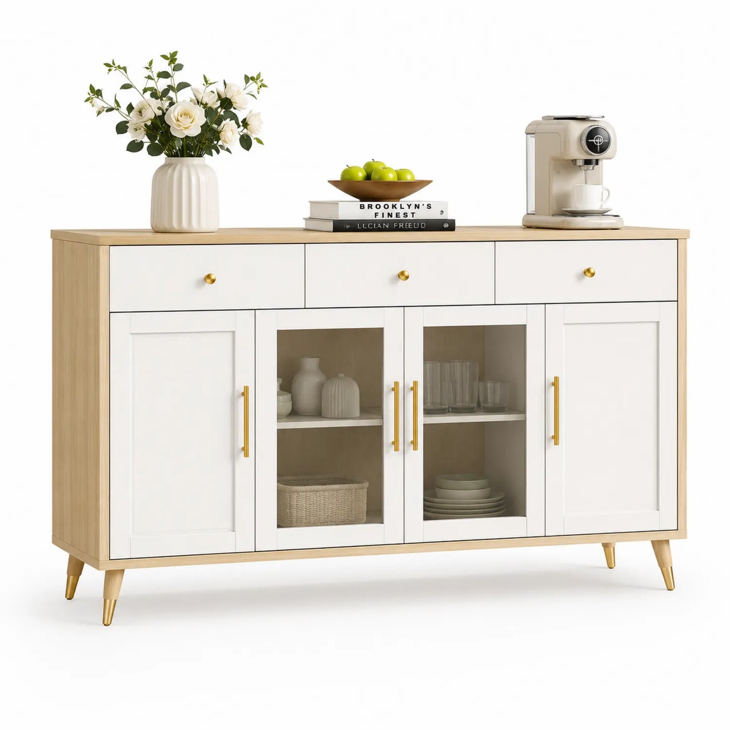 Buffet de Rangement en Bois MDF Blanc avec Portes et Tiroirs