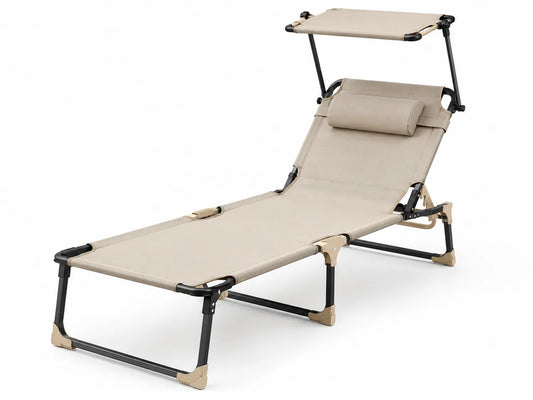 Chaise Longue Pliante d'Extérieur en Textilène Beige avec Pare-Soleil Réglable