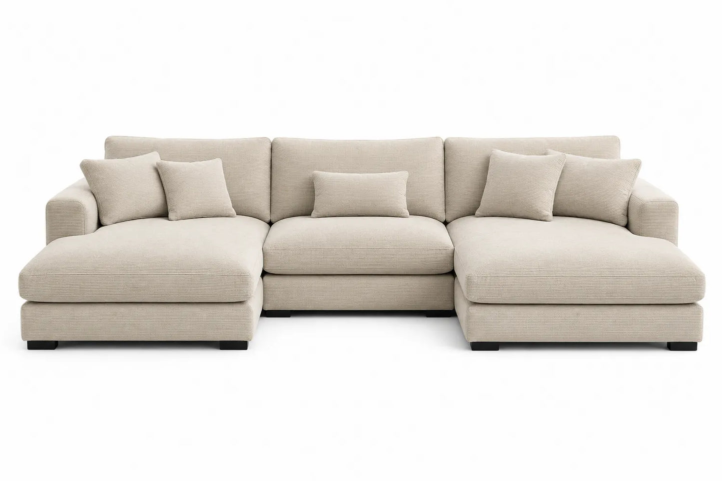 Canapé d'angle en bois et tissu polyester beige en U avec méridienne