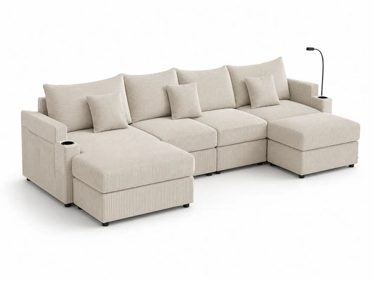 Canapé d'angle en velours côtelé beige avec méridienne et porte-gobelets