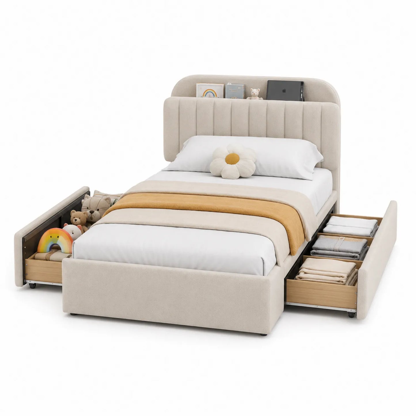 Lit simple en bois avec tête de lit rembourrée et rangement intégré 90x200 cm