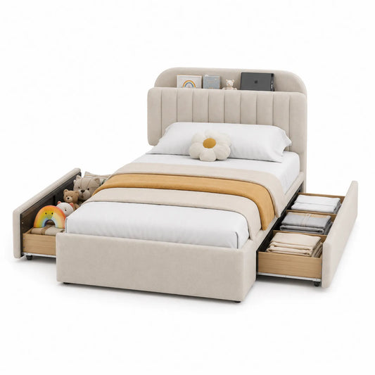 Lit simple en bois avec tête de lit rembourrée et rangement intégré 90x200 cm