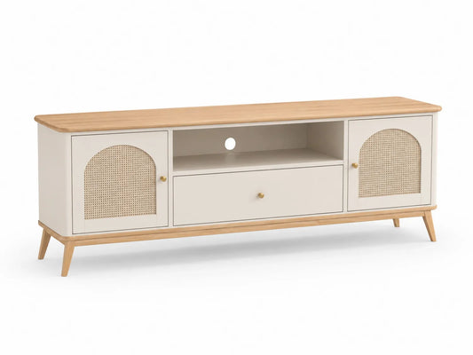 Meuble TV en bois et rotin beige 140x40x50 cm