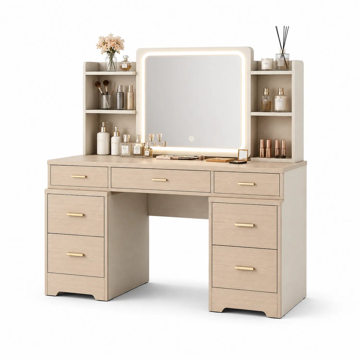 Coiffeuse en bois clair avec miroir LED et tiroirs