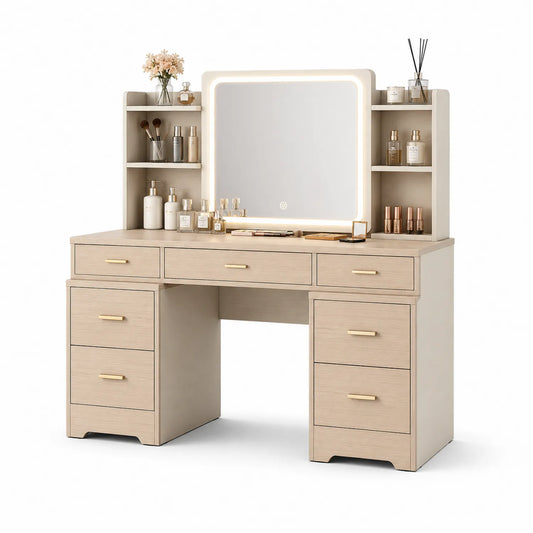 Coiffeuse en bois clair avec miroir LED et tiroirs
