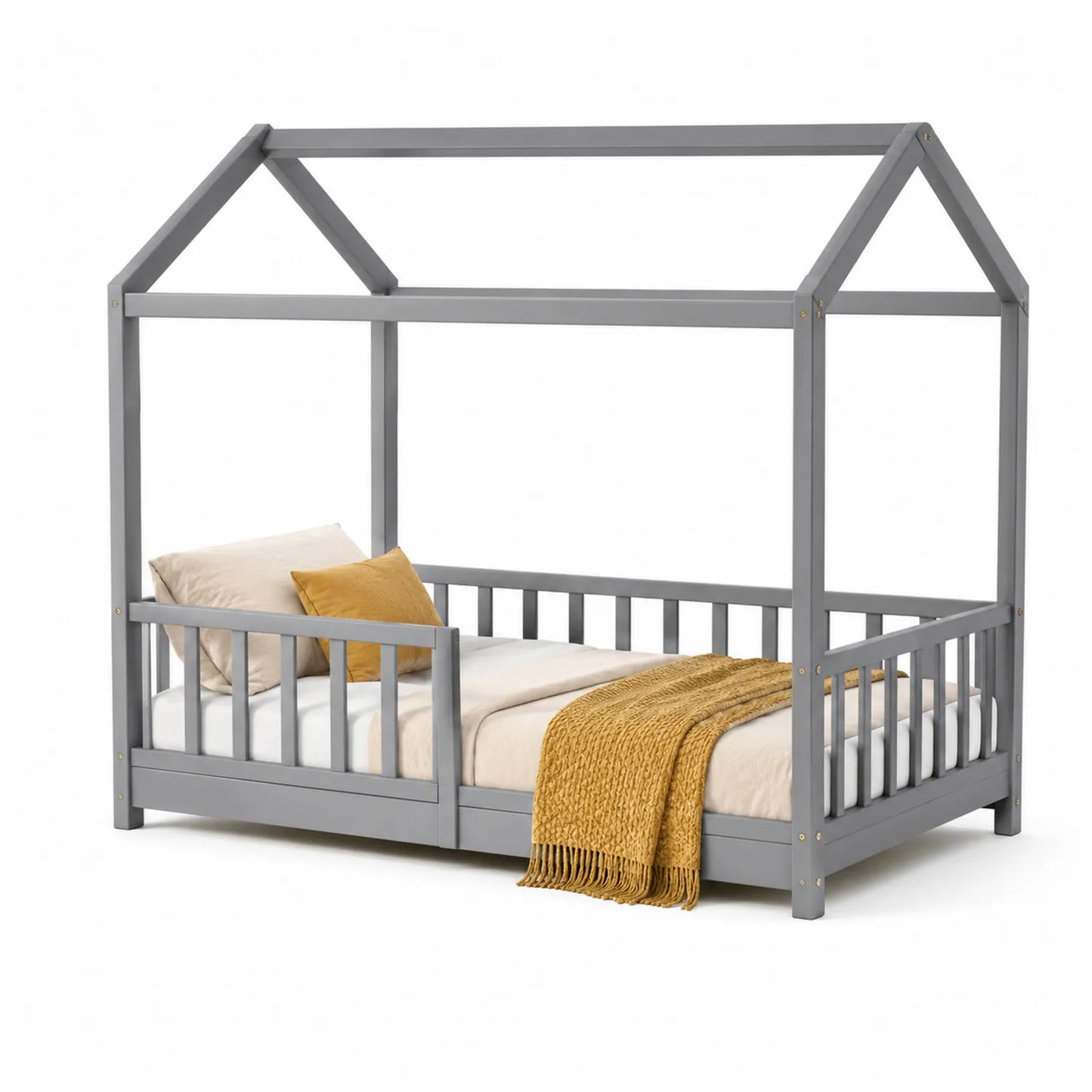Lit cabane pour enfant en bois gris avec matelas et oreillers