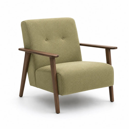 Fauteuil en tissu vert olive avec accoudoirs en bois