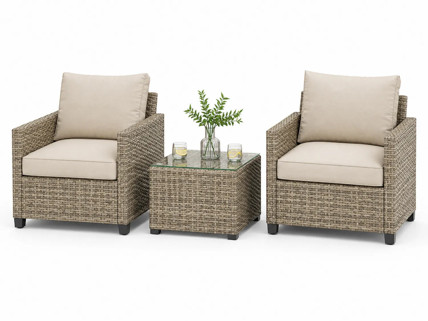 Ensemble de Fauteuils d'Extérieur en Résine Tressée avec Coussins Beige et Table en Verre Trempé
