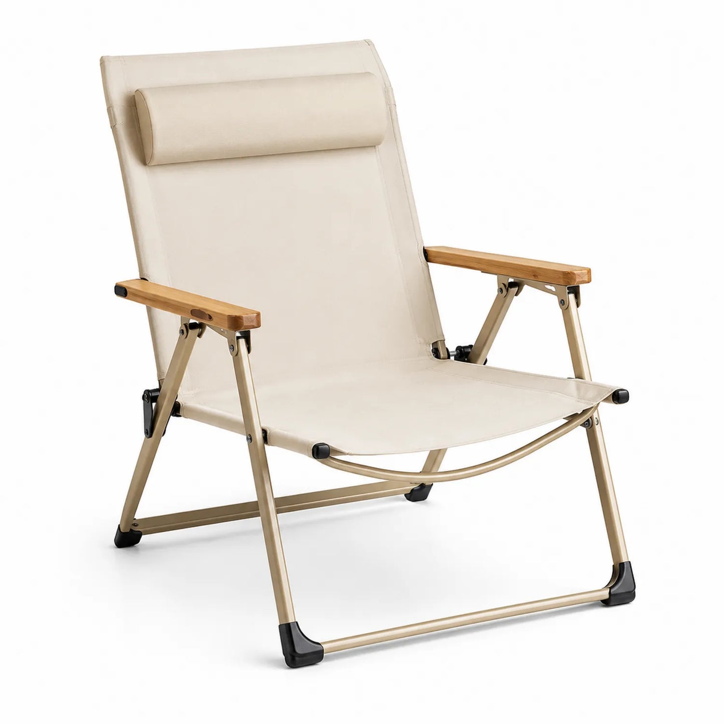 Chaise pliante en métal avec accoudoirs en bois et coussin beige
