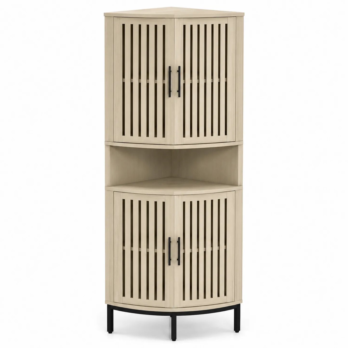 Armoire d'angle en bois beige avec portes à lattes