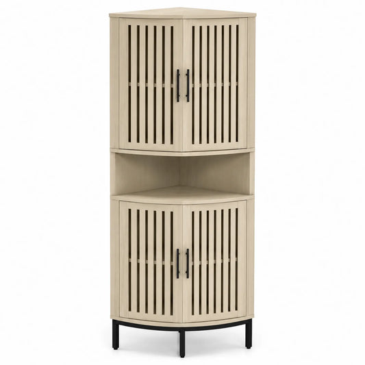 Armoire d'angle en bois beige avec portes à lattes