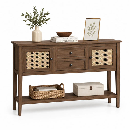 Table console en bois avec tiroirs et étagère - Brun