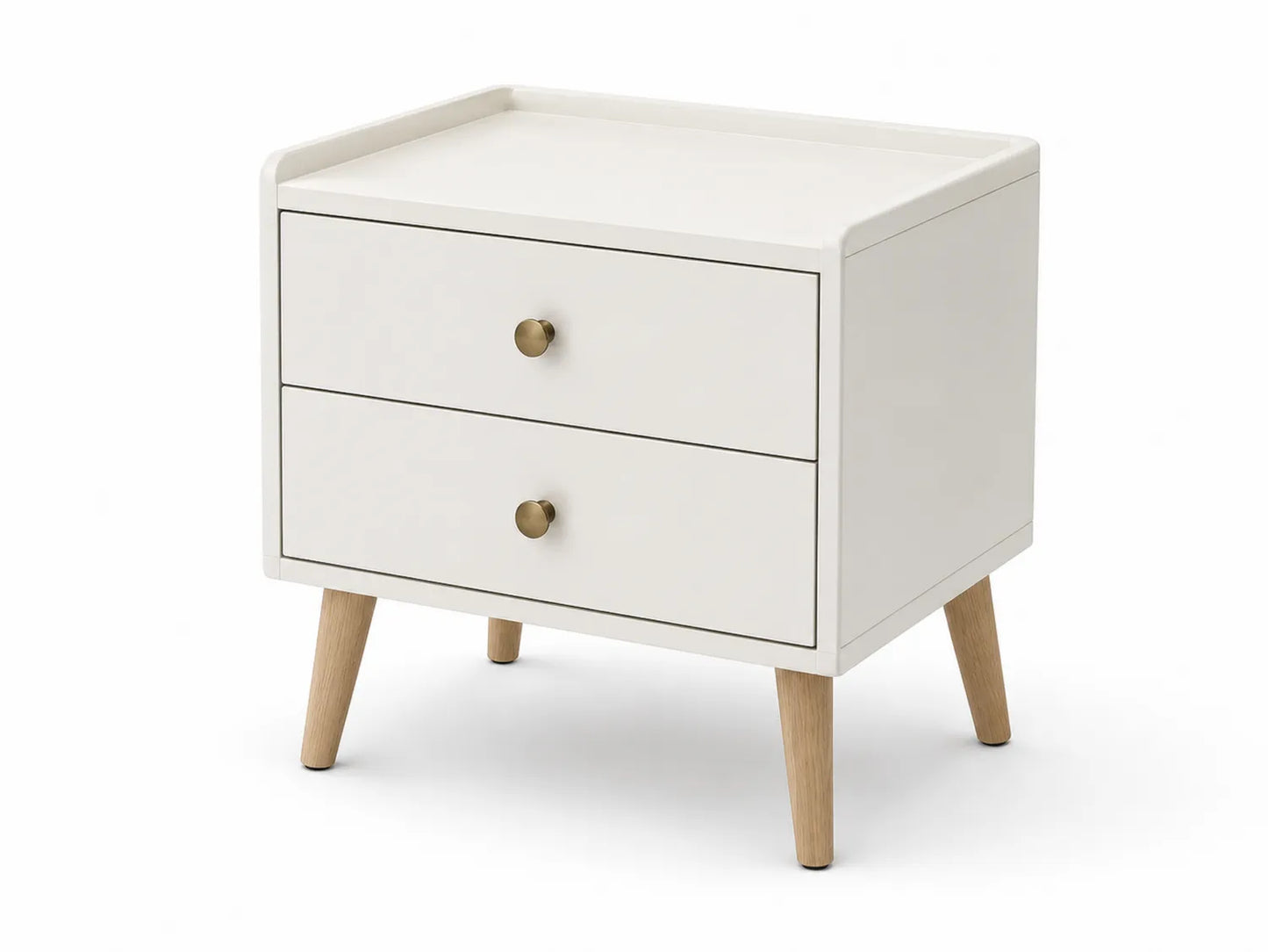 Table de chevet en bois MDF blanc avec pieds en chêne et 2 tiroirs