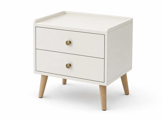 Table de chevet en bois MDF blanc avec pieds en chêne et 2 tiroirs