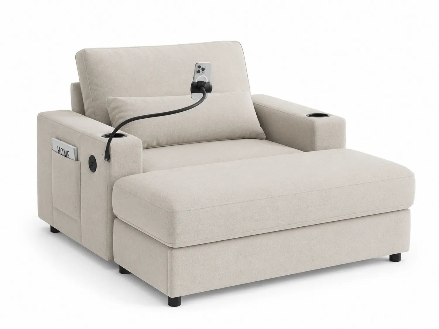 Fauteuil en tissu avec repose-pieds et support téléphone - Beige