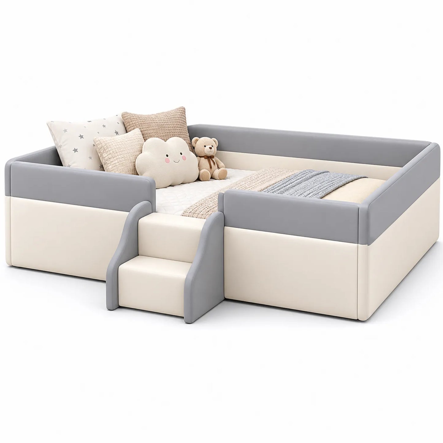 Lit pour enfant en mousse et cuir synthétique gris et blanc 140x70 cm