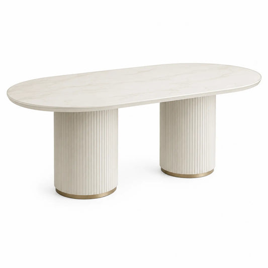 Table à manger ovale en céramique imitation marbre avec pieds cylindriques