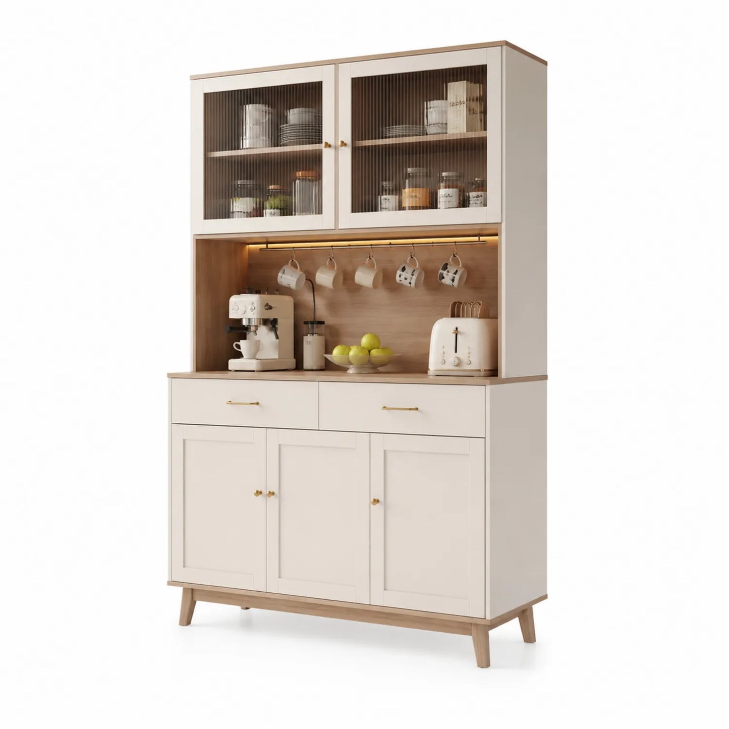 Buffet de cuisine en bois avec portes vitrées et étagères intégrées 120x40x200 cm Blanc Chêne