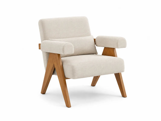Fauteuil en bois et tissu beige