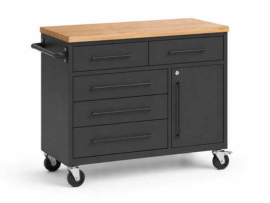 Chariot de rangement en métal avec plateau en bois 6 tiroirs 1 porte Noir