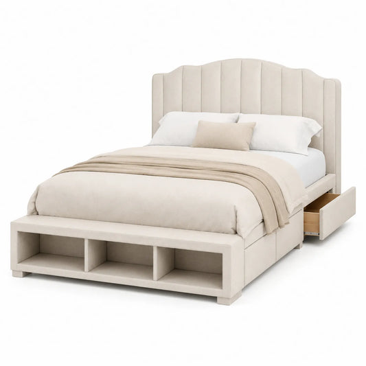 Lit double en tissu avec rangement et tête de lit capitonnée