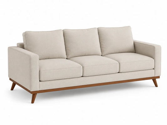Canapé trois places en tissu beige avec pieds en bois