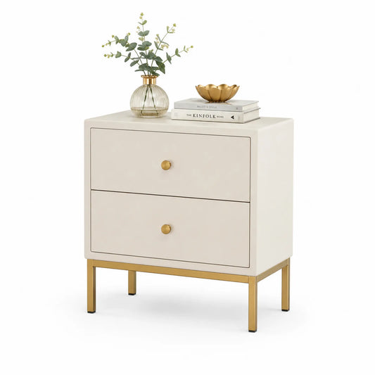 Table de chevet en bois MDF crème avec pieds en métal doré