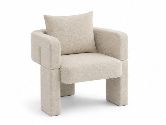 Fauteuil en tissu polyester crème avec accoudoirs et coussin